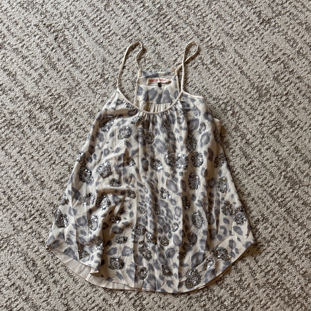 Beaded Leopard Print Spaghetti Strap Tank Top - Neutral